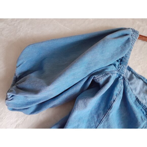 Womens XL Balloon Sleeve Peasant Boho Hippie Cropped Milkmaid Denim Blouse - Picture 2 of 7